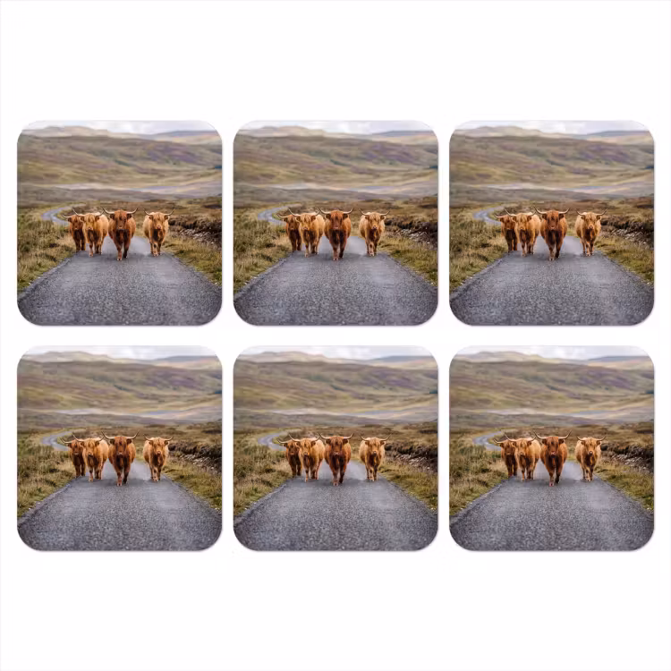 Onderzetter - Schotse Hooglanders - Weg - Landschap - Kudde
