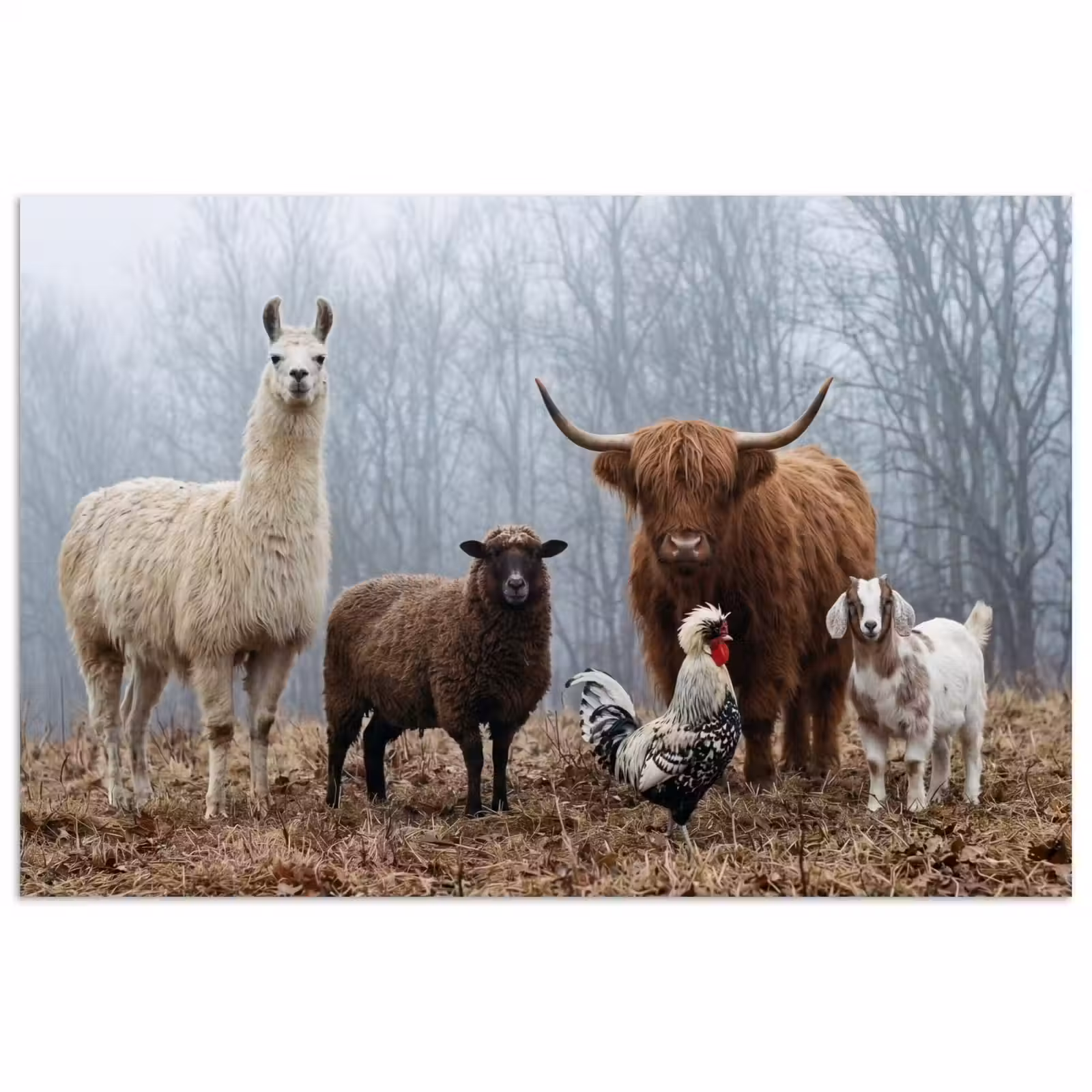 Poster - Boerderijdieren - Groep - Mist - Natuur - Rustiek — 1