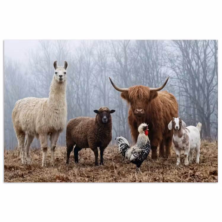 Poster - Boerderijdieren - Groep - Mist - Natuur - Rustiek