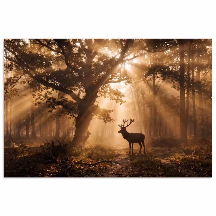 Poster - Hert - Bos - Mistig - Natuur - Goud