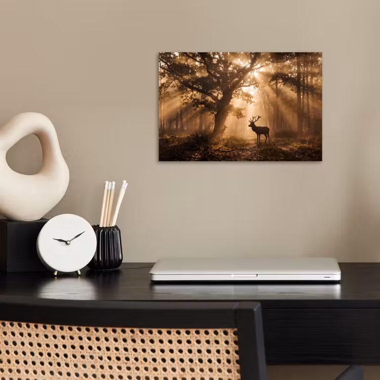 Poster - Hert - Bos - Mistig - Natuur - Goud — 2