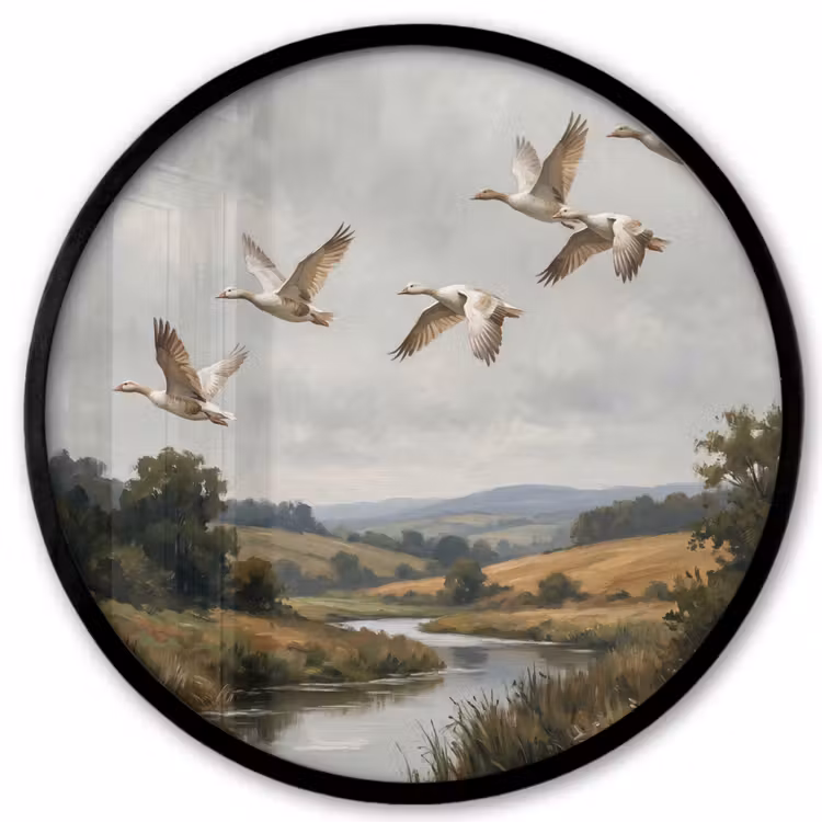 Ronde fotolijst - Eenden - Rivier - Landschap - Vlucht - Nostalgisch