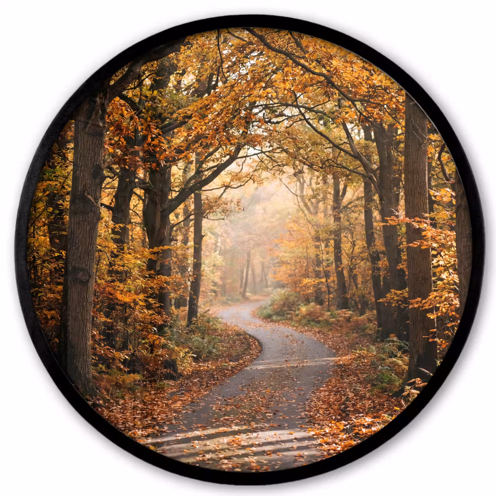 Ronde fotolijst - Bospad - Herfstbos - Bladeren - Oranje - Nostalgisch — 1