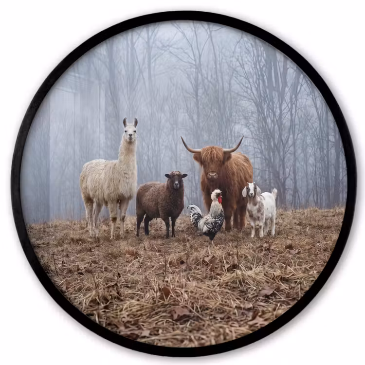 Ronde fotolijst - Boerderijdieren - Groep - Mist - Natuur - Rustiek