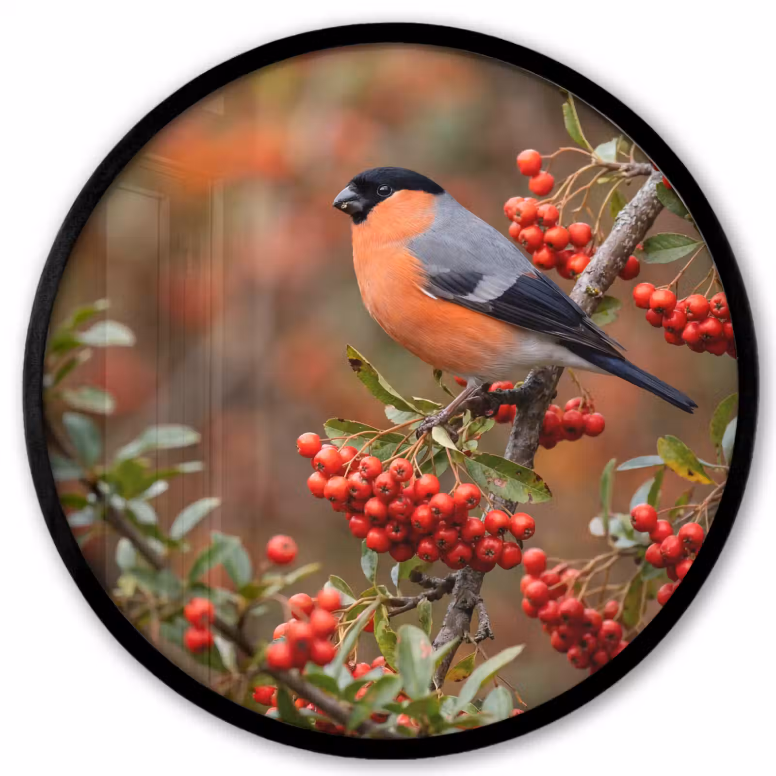 Ronde fotolijst - Goudvink - Bessen - Herfst - Natuur - Kleurrijk — 1