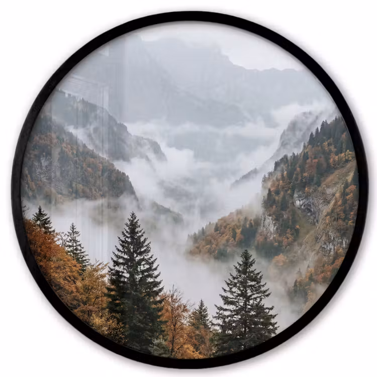 Ronde fotolijst - Bergen - Vallei - Mist - Herfst - Natuur