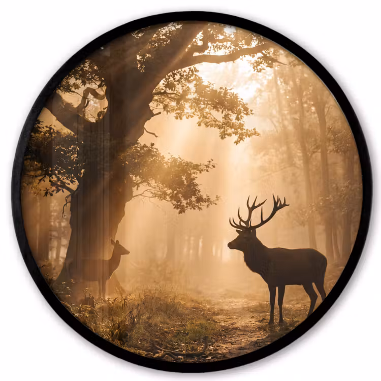 Ronde fotolijst - Hert - Bos - Mistig - Natuur - Goud