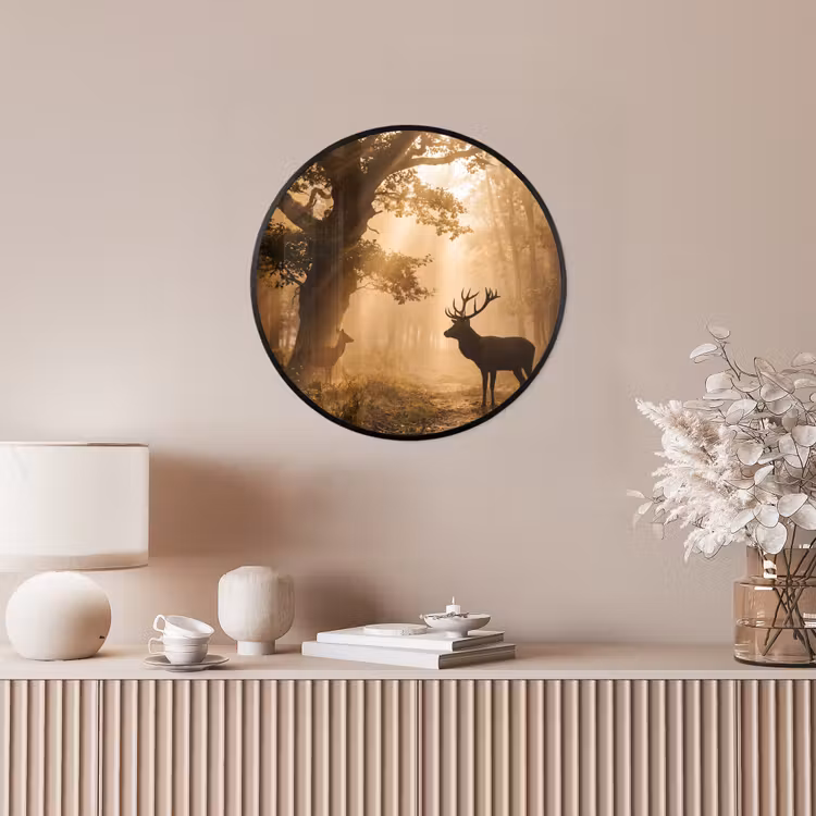 Ronde fotolijst - Hert - Bos - Mistig - Natuur - Goud — 5