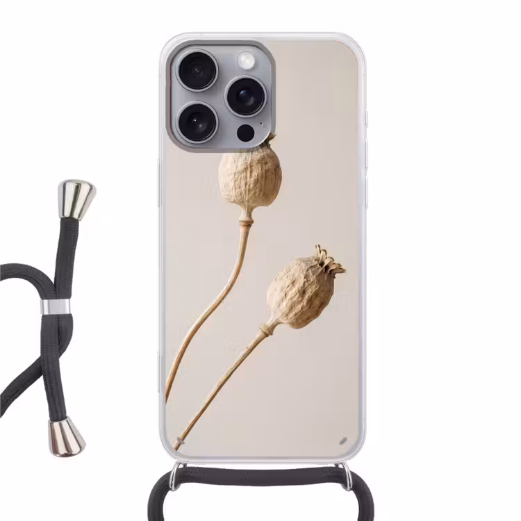 Telefoonhoesje met koord - Papaverbollen - Droogbloemen - Minimalistisch - Beige - Rustig