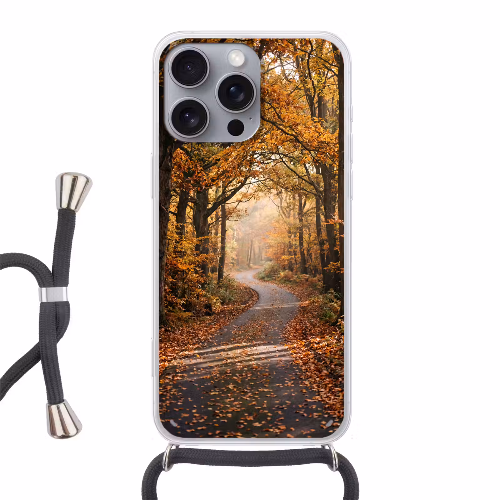 Telefoonhoesje met koord - Bospad - Herfstbos - Bladeren - Oranje - Nostalgisch — 1