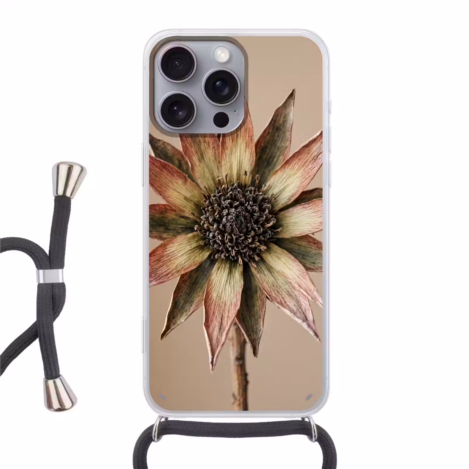 Telefoonhoesje met koord - Droogbloem - Protea - Vintage - Beige - Rustiek — 1