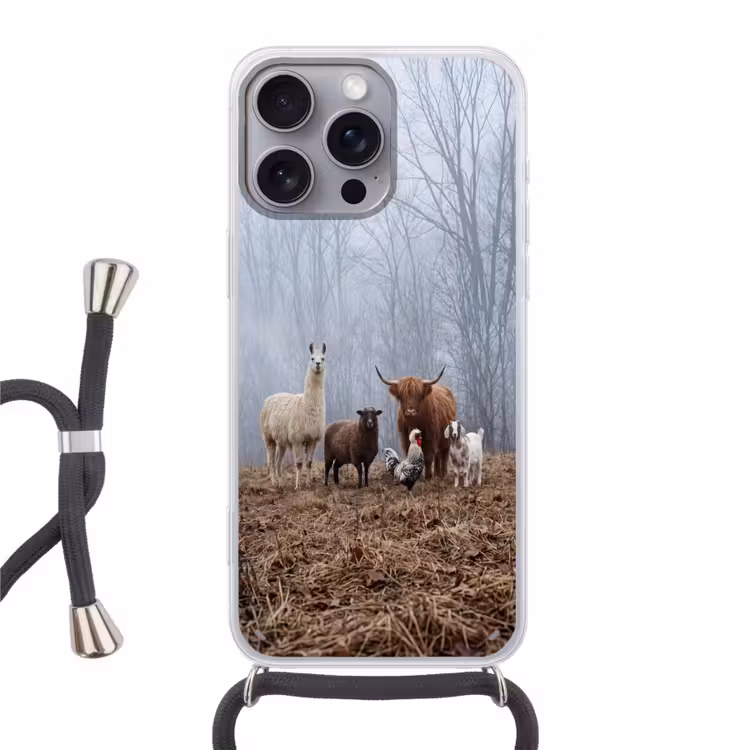Telefoonhoesje met koord - Boerderijdieren - Groep - Mist - Natuur - Rustiek