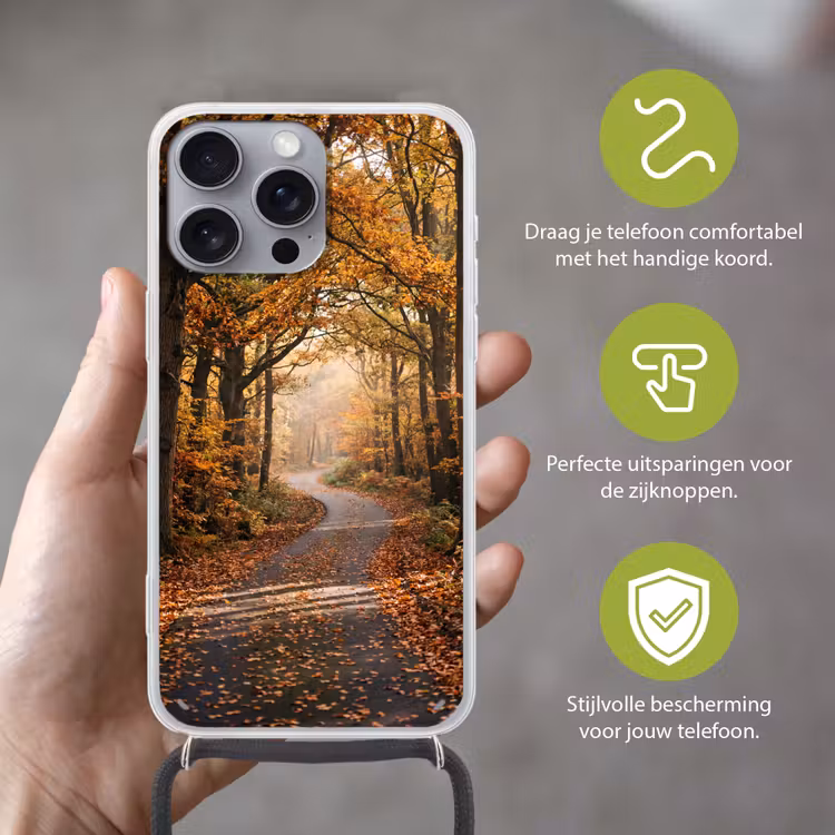 Telefoonhoesje met koord - Bospad - Herfstbos - Bladeren - Oranje - Nostalgisch — 4