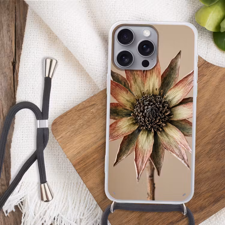 Telefoonhoesje met koord - Droogbloem - Protea - Vintage - Beige - Rustiek — 3