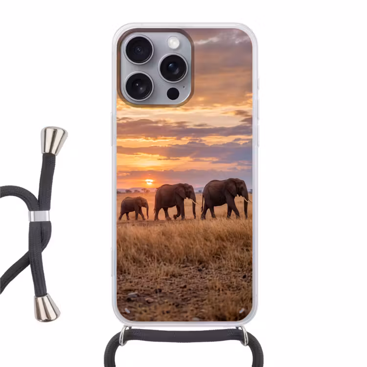 Telefoonhoesje met koord - Olifanten - Savanne - Zonsondergang - Afrika - Warm