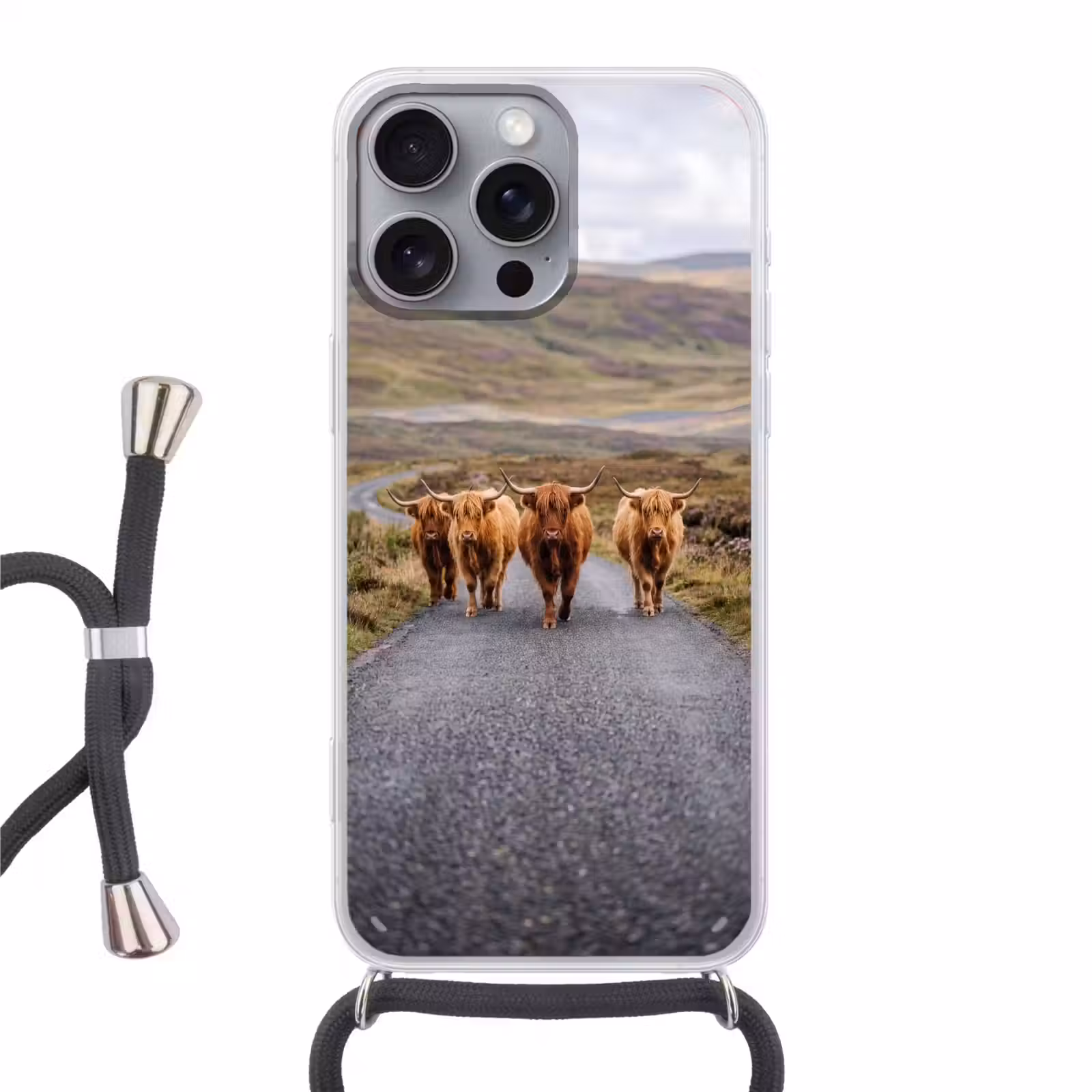 Telefoonhoesje met koord - Schotse Hooglanders - Weg - Landschap - Kudde — 1