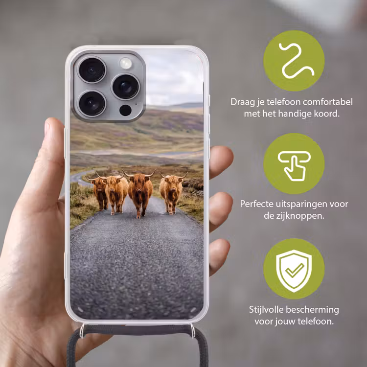 Telefoonhoesje met koord - Schotse Hooglanders - Weg - Landschap - Kudde — 4