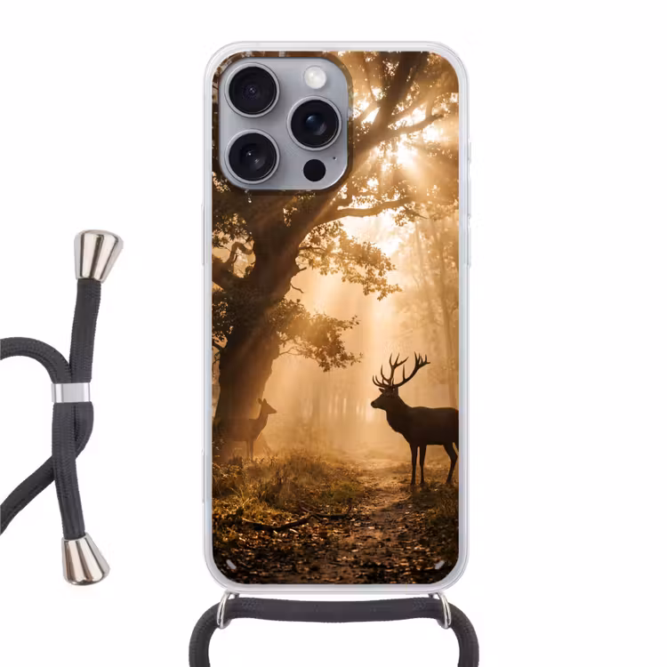 Telefoonhoesje met koord - Hert - Bos - Mistig - Natuur - Goud