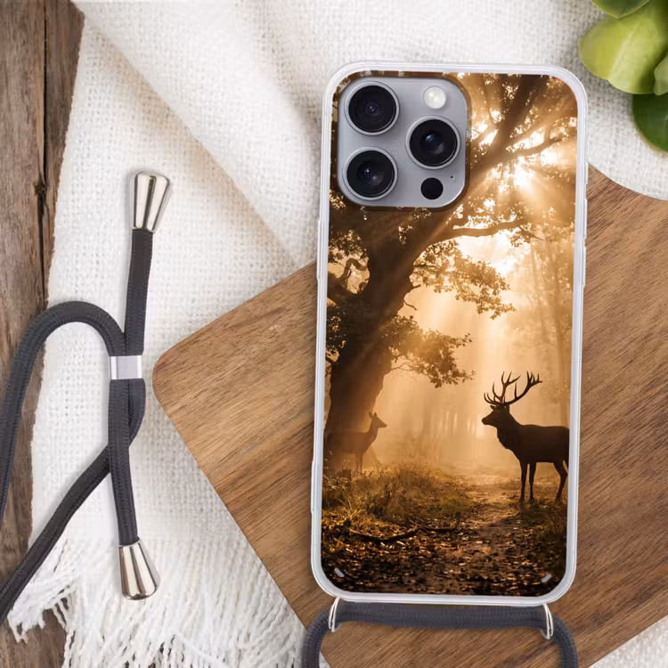 Telefoonhoesje met koord - Hert - Bos - Mistig - Natuur - Goud — 3