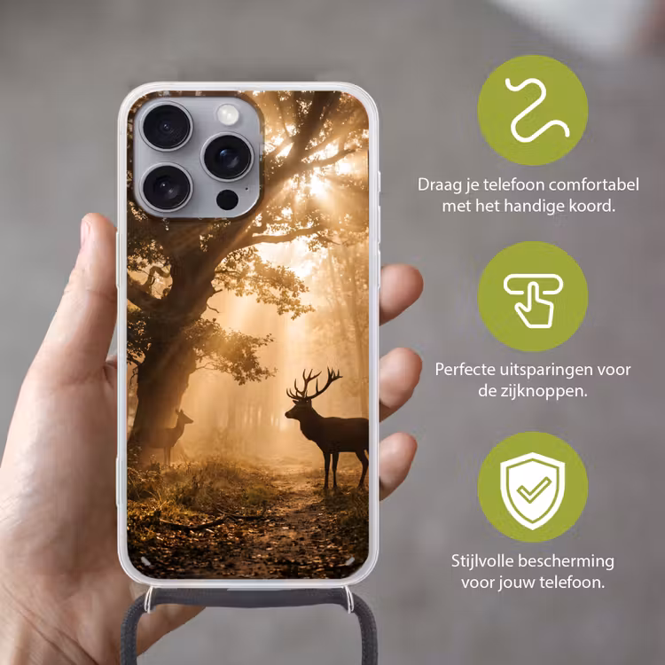 Telefoonhoesje met koord - Hert - Bos - Mistig - Natuur - Goud — 4