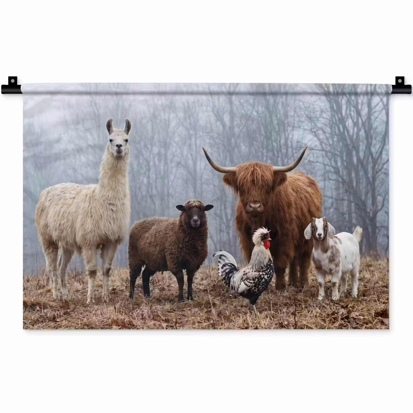 Wandkleed - Boerderijdieren - Groep - Mist - Natuur - Rustiek — 1