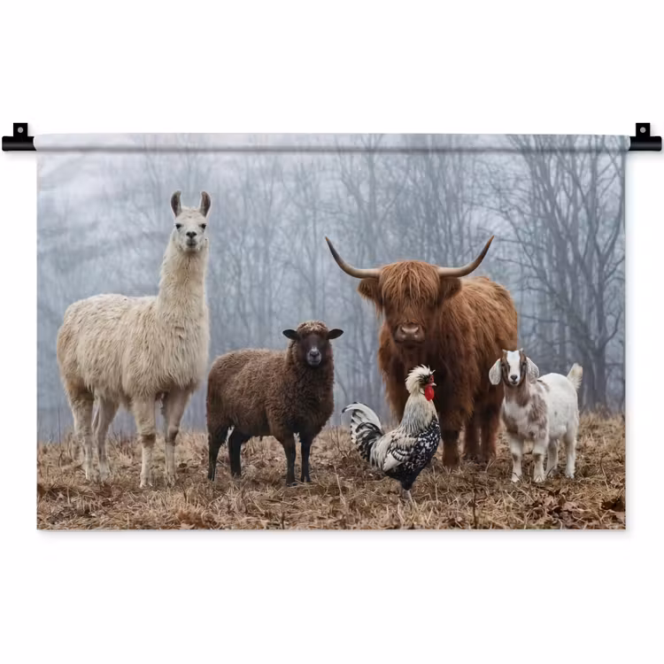 Wandkleed - Boerderijdieren - Groep - Mist - Natuur - Rustiek