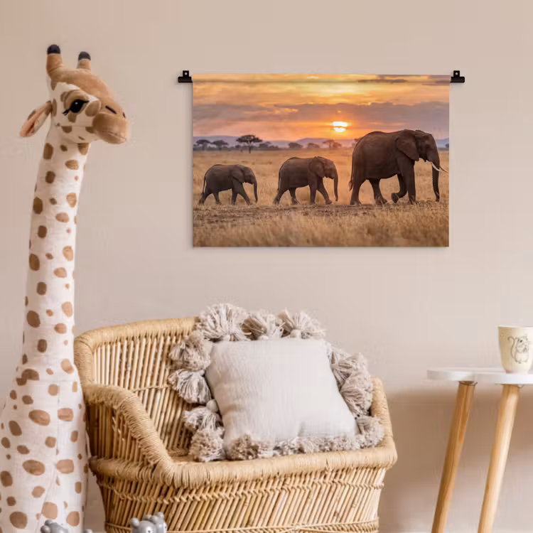 Wandkleed - Olifanten - Savanne - Zonsondergang - Afrika - Warm — 5