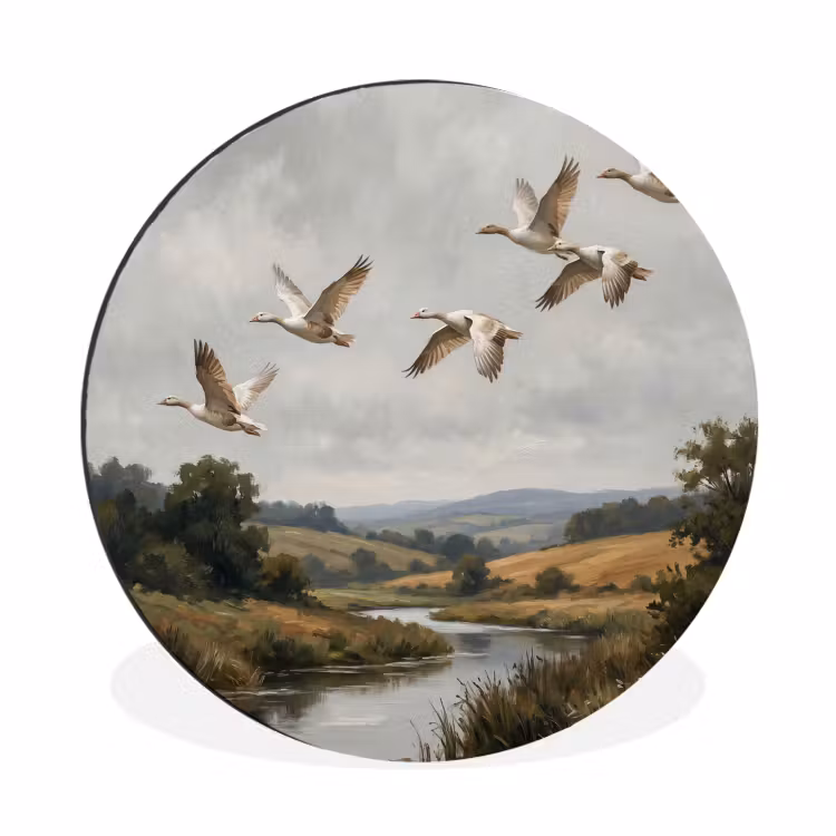 Wandcirkel - Aluminium - Eenden - Rivier - Landschap - Vlucht - Nostalgisch