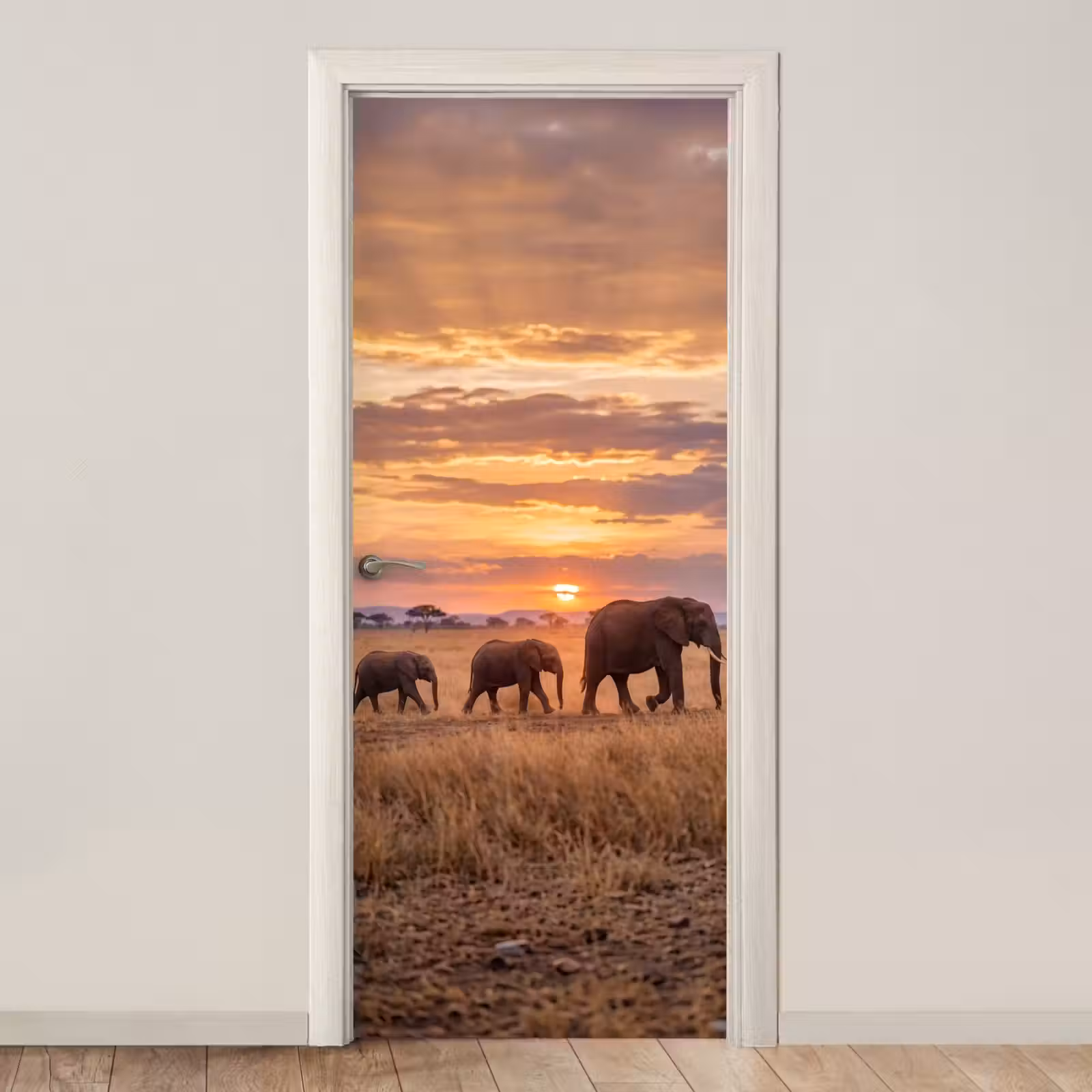 Deursticker - Olifanten - Savanne - Zonsondergang - Afrika - Warm — 1