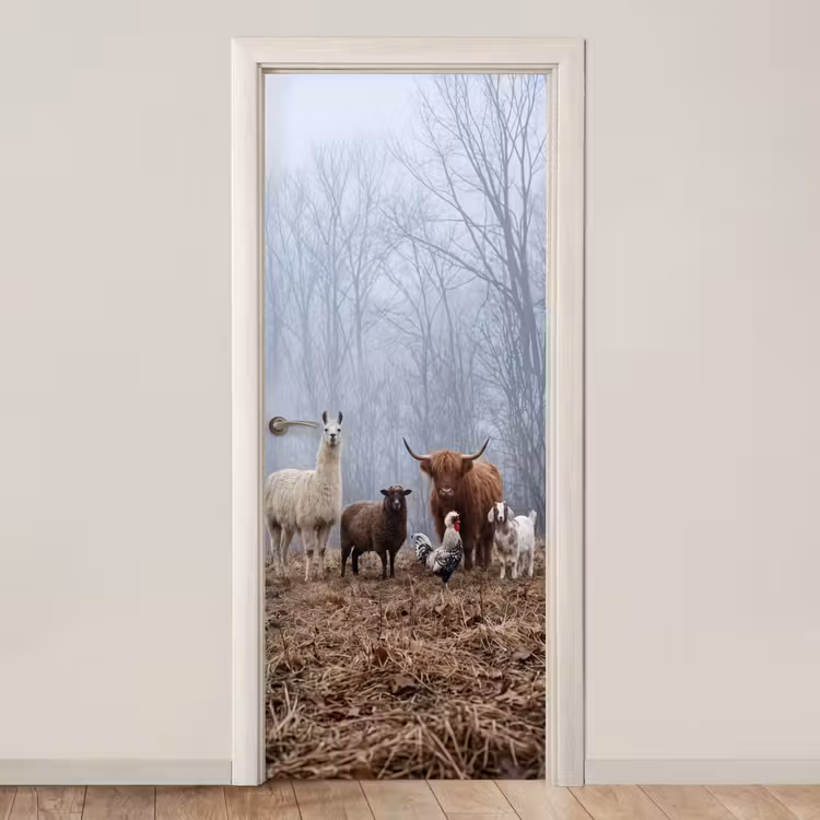 Deursticker - Boerderijdieren - Groep - Mist - Natuur - Rustiek