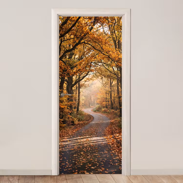 Deursticker - Bospad - Herfstbos - Bladeren - Oranje - Nostalgisch