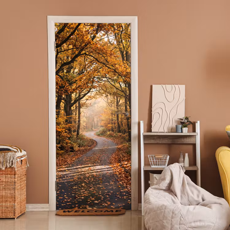 Deursticker - Bospad - Herfstbos - Bladeren - Oranje - Nostalgisch — 2