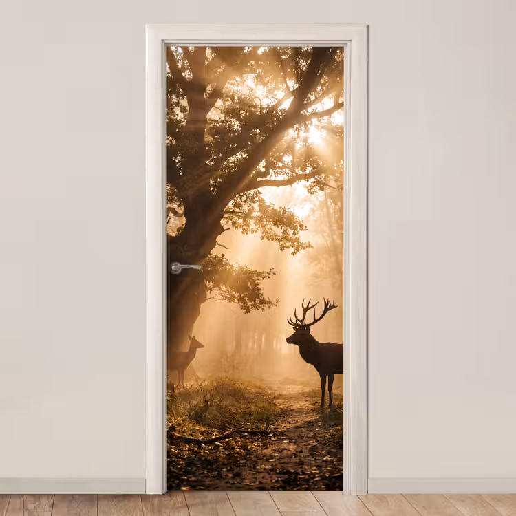 Deursticker - Hert - Bos - Mistig - Natuur - Goud