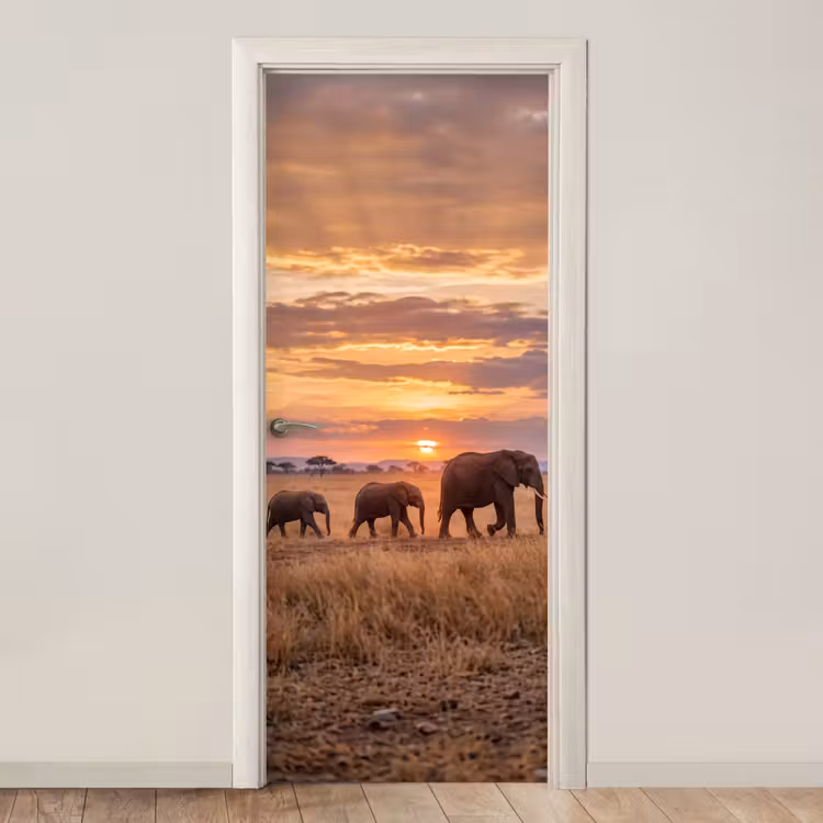 Deursticker - Olifanten - Savanne - Zonsondergang - Afrika - Warm