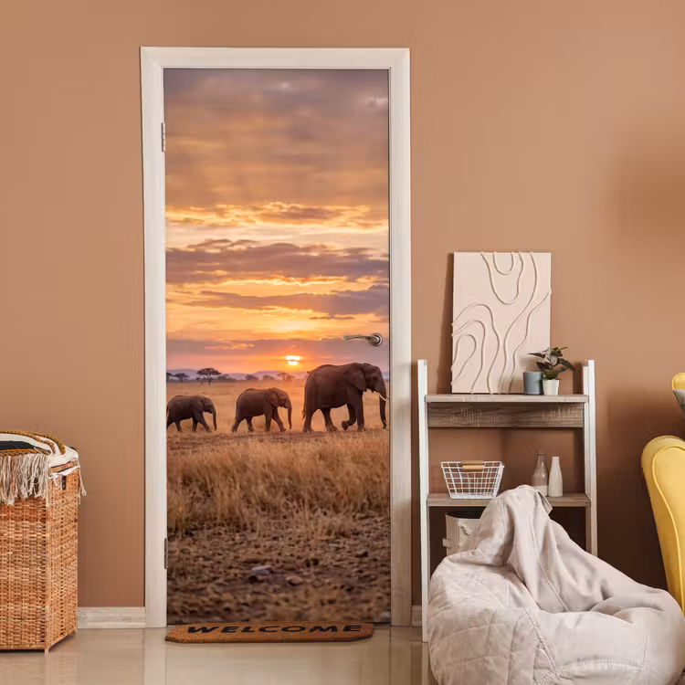 Deursticker - Olifanten - Savanne - Zonsondergang - Afrika - Warm — 2