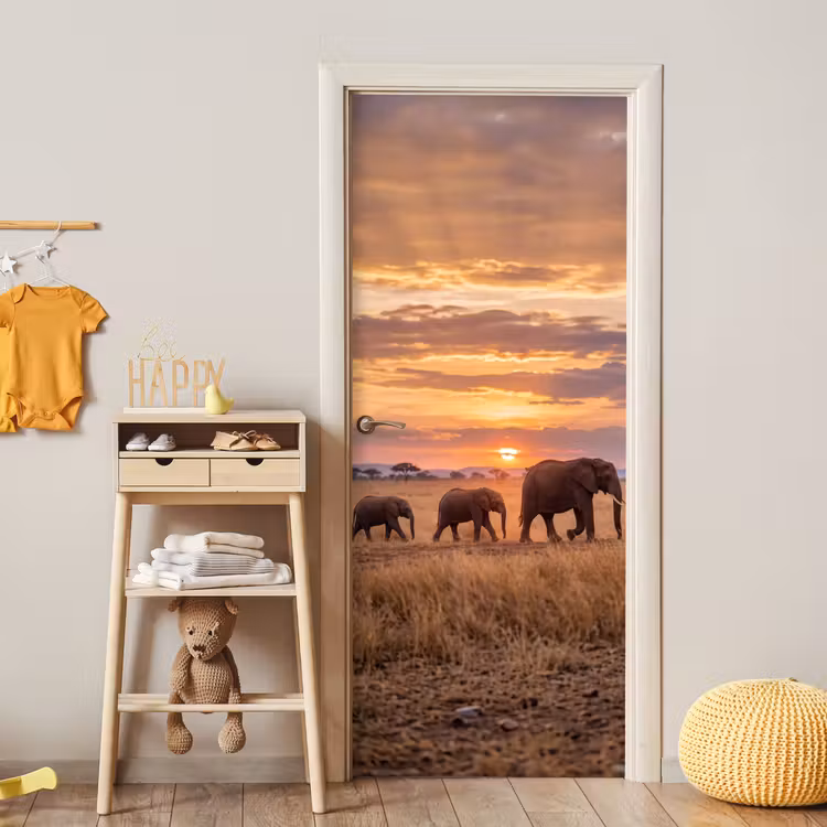 Deursticker - Olifanten - Savanne - Zonsondergang - Afrika - Warm — 6
