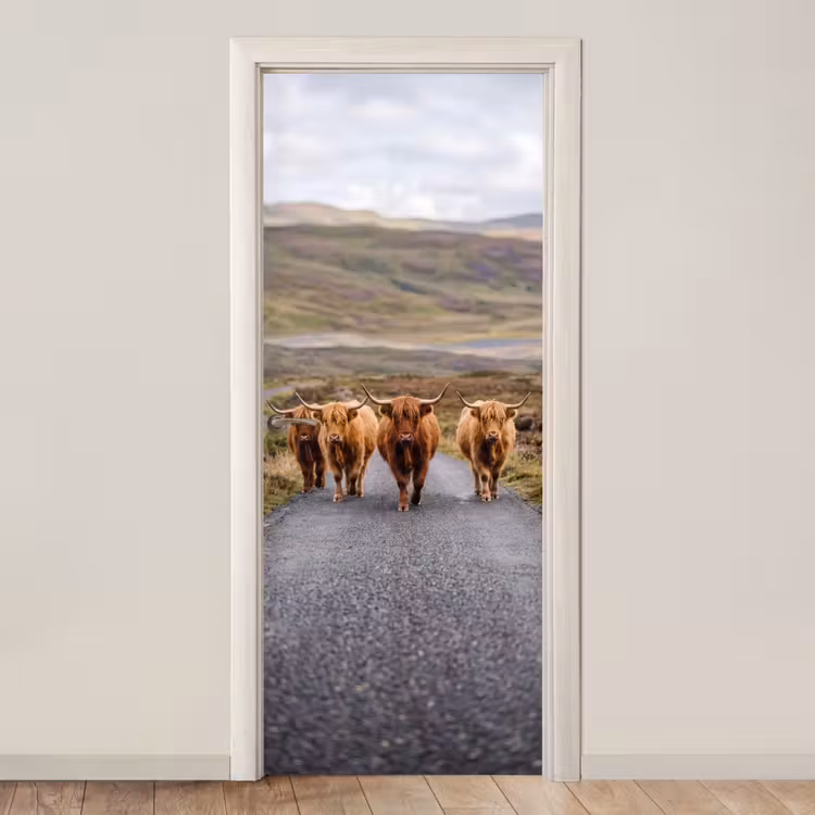 Deursticker - Schotse Hooglanders - Weg - Landschap - Kudde