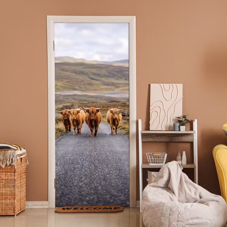 Deursticker - Schotse Hooglanders - Weg - Landschap - Kudde — 2