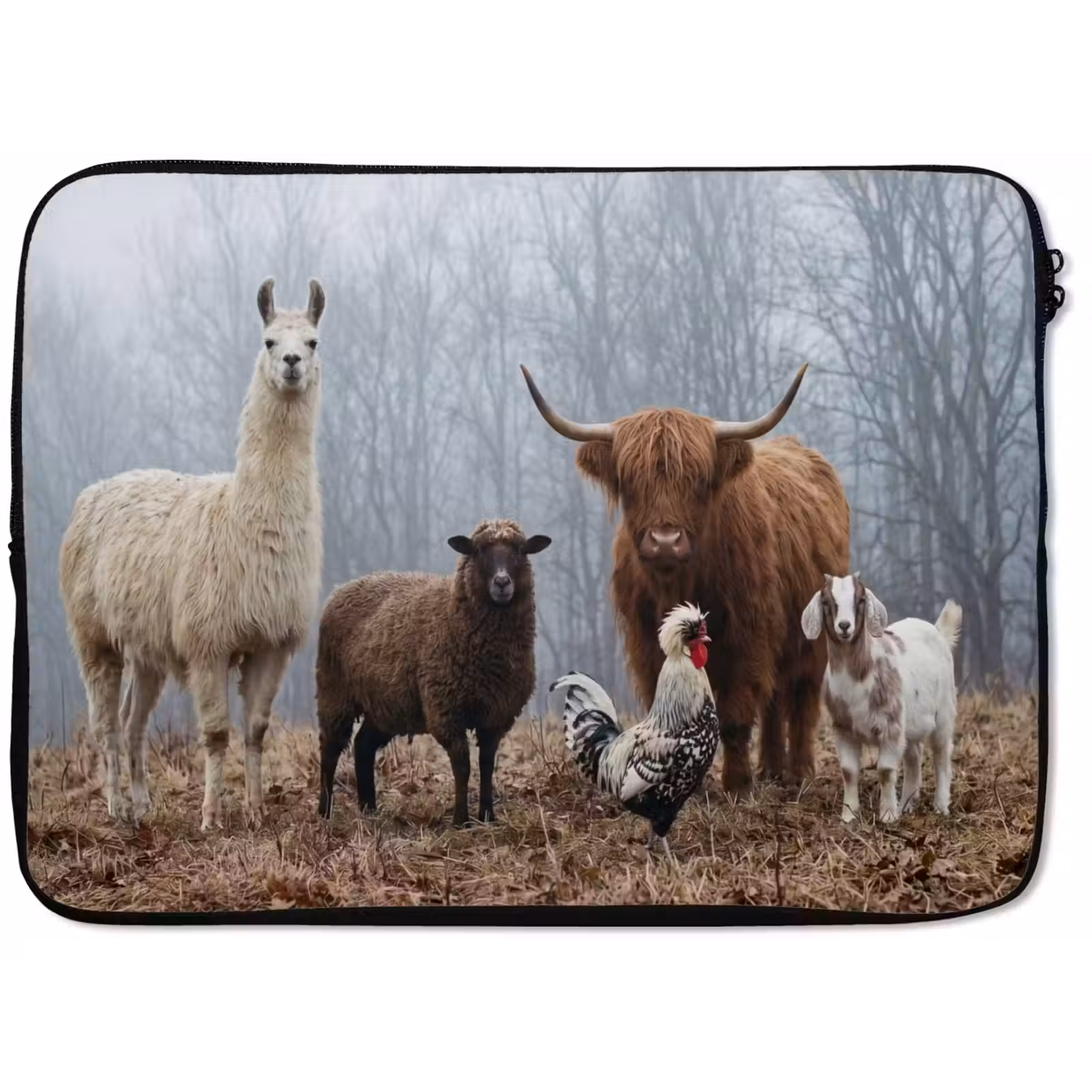 Laptophoes - Boerderijdieren - Groep - Mist - Natuur - Rustiek — 1