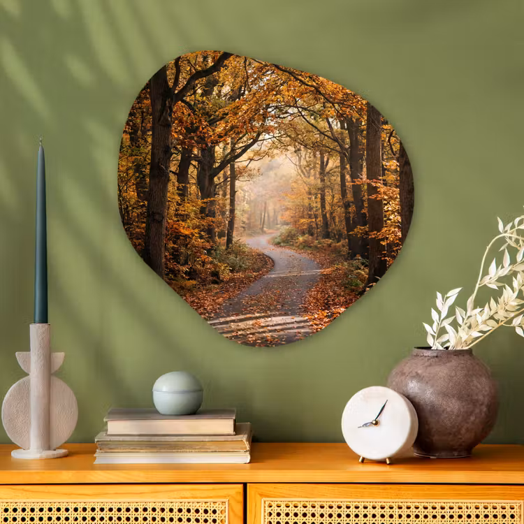Organische schilderij - Aluminium - Bospad - Herfstbos - Bladeren - Oranje - Nostalgisch — 2