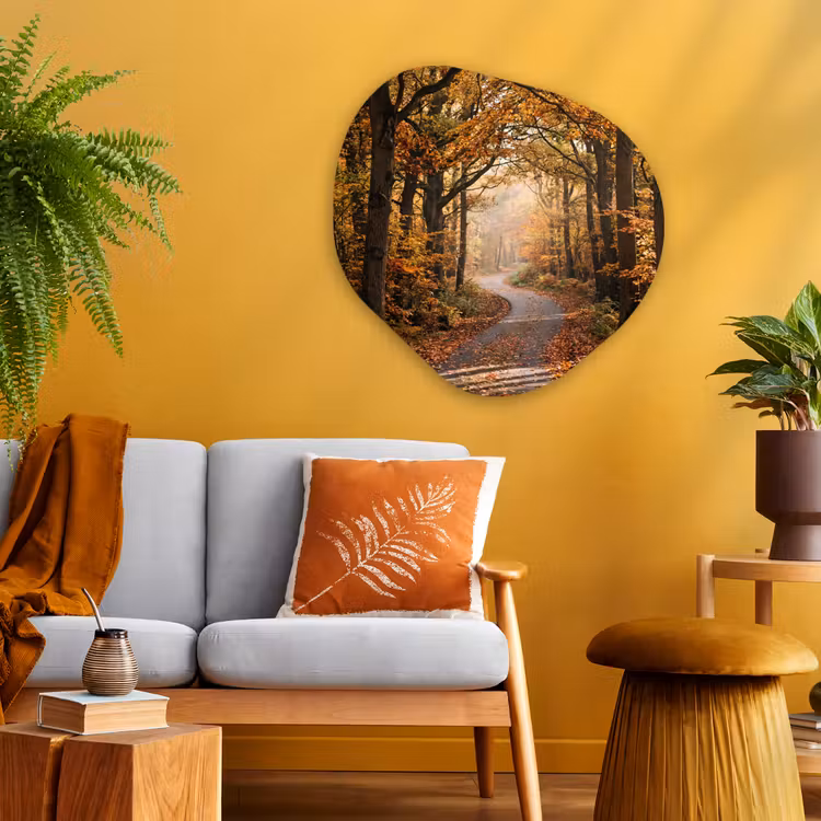 Organische schilderij - Aluminium - Bospad - Herfstbos - Bladeren - Oranje - Nostalgisch — 3