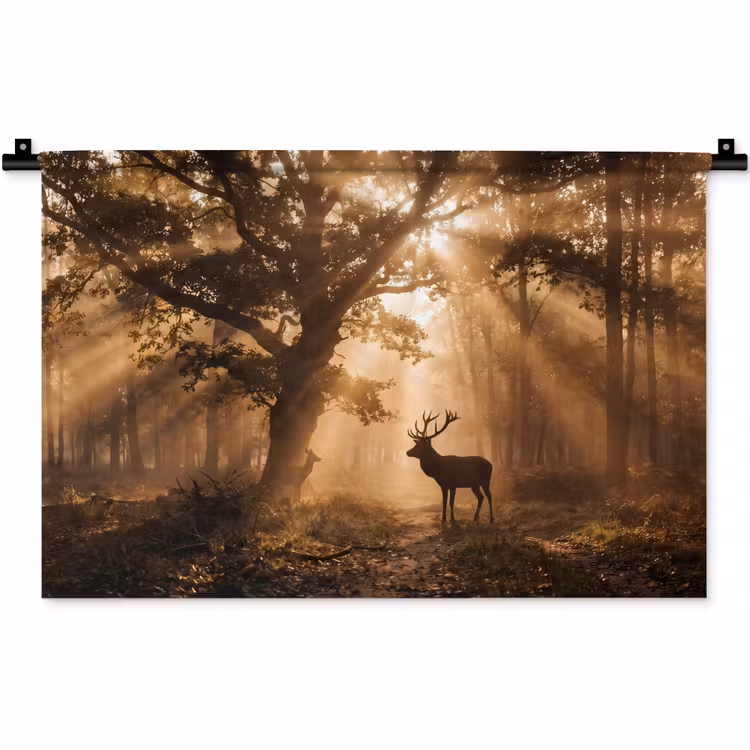 Wandkleed - Hert - Bos - Mistig - Natuur - Goud