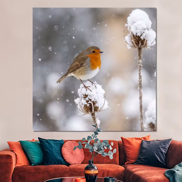 Forex - Roodborstje - Gedroogde bloem - Sneeuw - Winter - Vertederend — 3