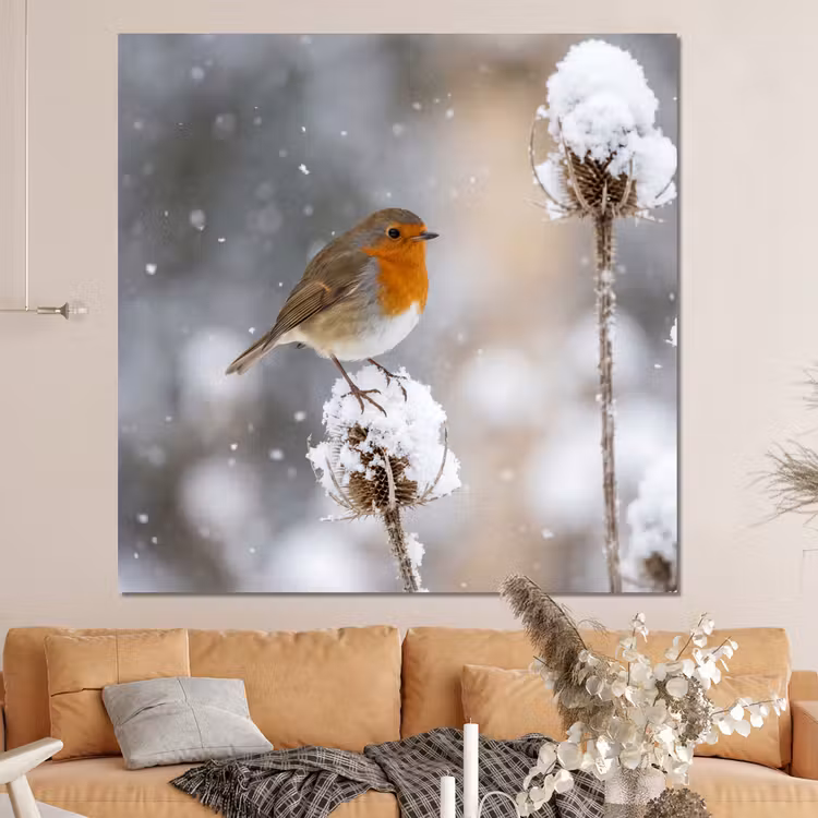 Forex - Roodborstje - Gedroogde bloem - Sneeuw - Winter - Vertederend — 4