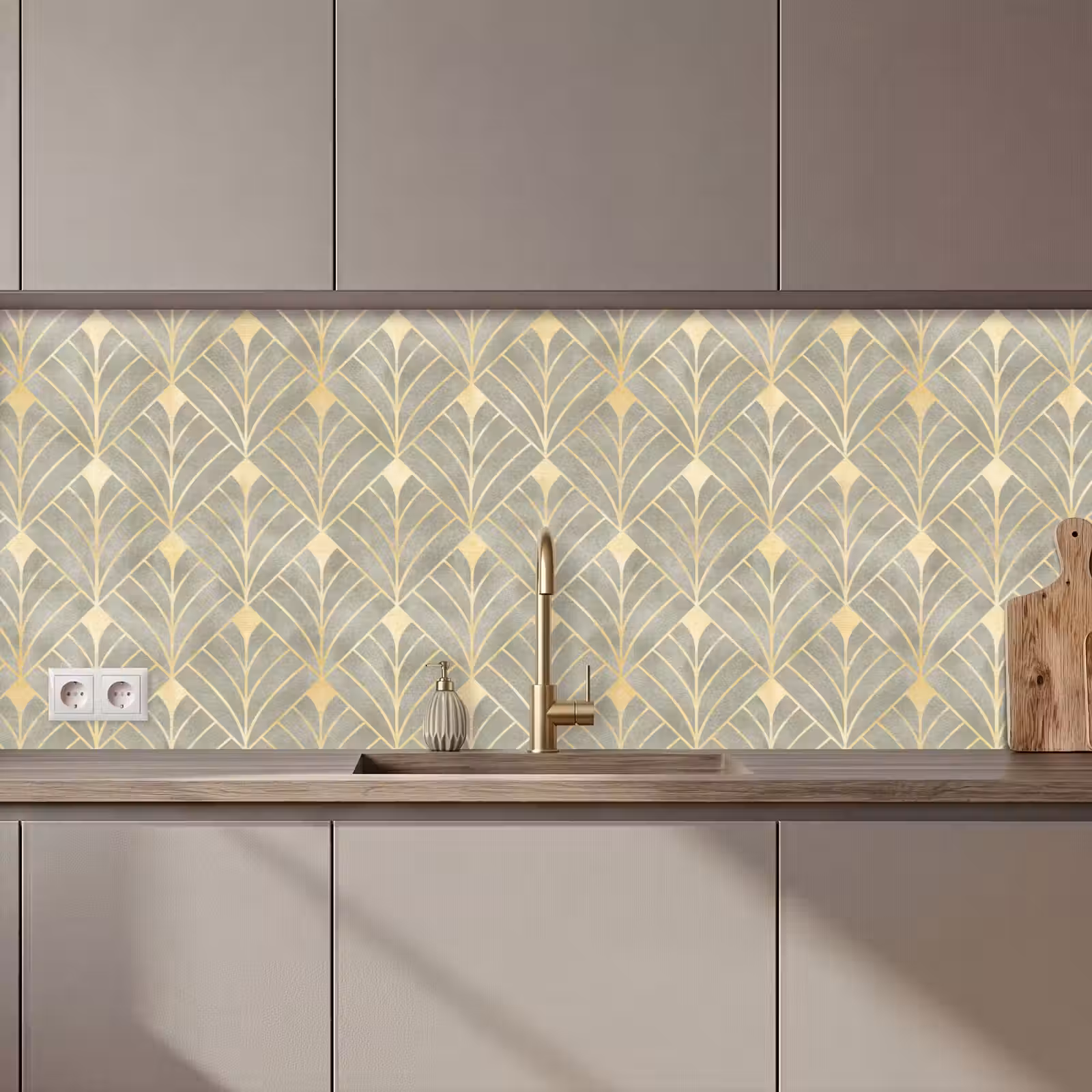 Keuken achterwand - Elegant - Symbool - Goud - Grijsgroen — 1