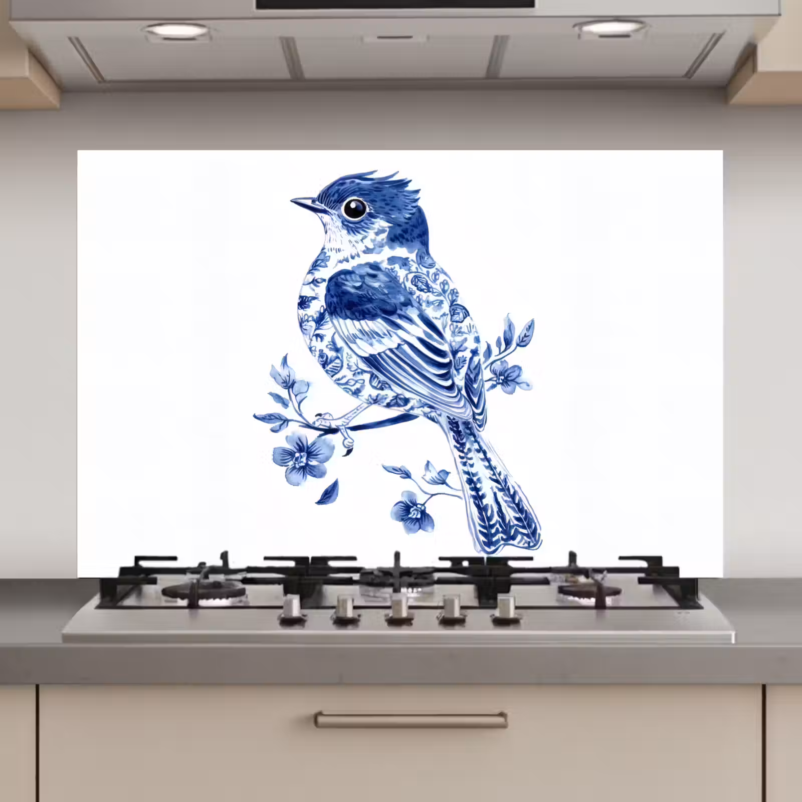 Spatscherm keuken - Vogel - Delfts blauw - Illustratie - Bloemen — 1