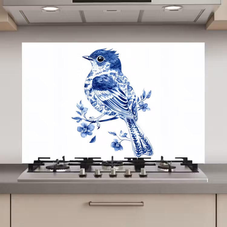 Spatscherm keuken - Vogel - Delfts blauw - Illustratie - Bloemen — 1