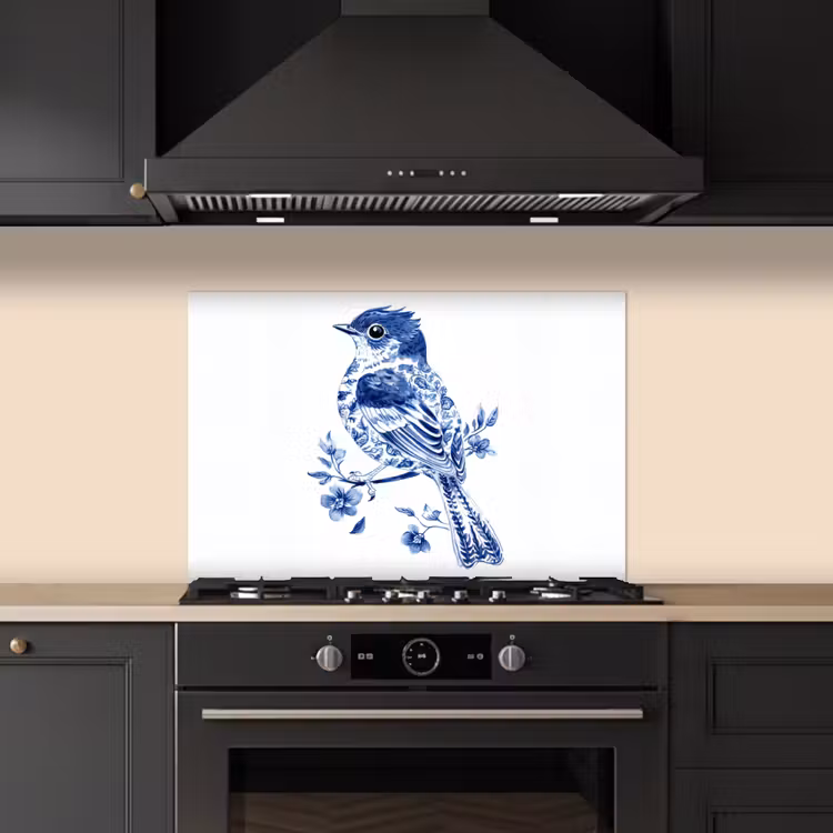 Spatscherm keuken - Vogel - Delfts blauw - Illustratie - Bloemen — 2