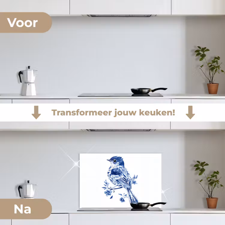 Spatscherm keuken - Vogel - Delfts blauw - Illustratie - Bloemen — 3