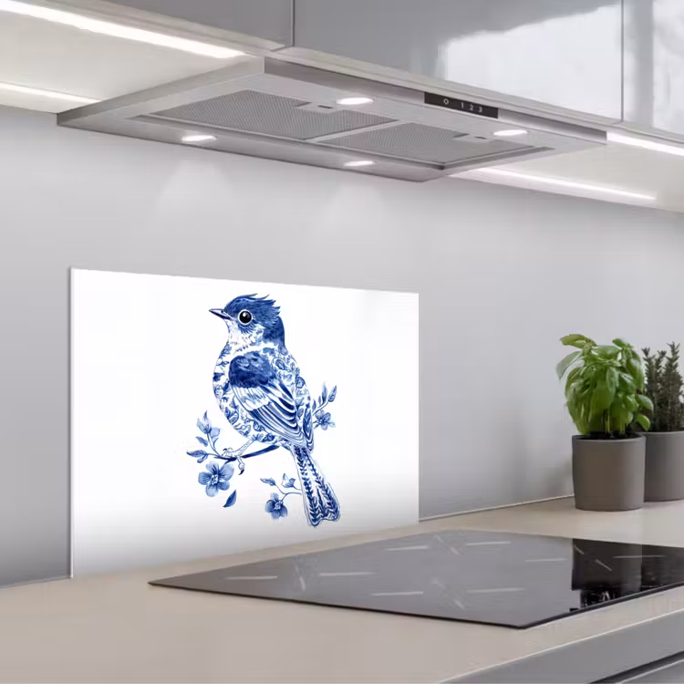 Spatscherm keuken - Vogel - Delfts blauw - Illustratie - Bloemen — 5